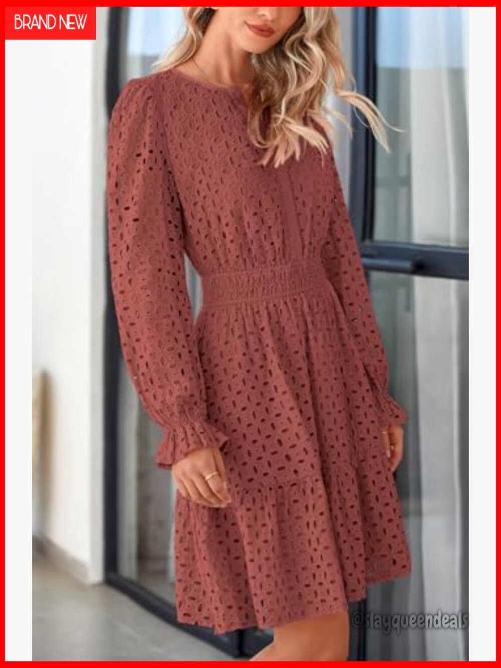 Long Sleeve Mini Dress V Neck A Line Ruffle Eyelet Casual Party - Picture 4 of 7